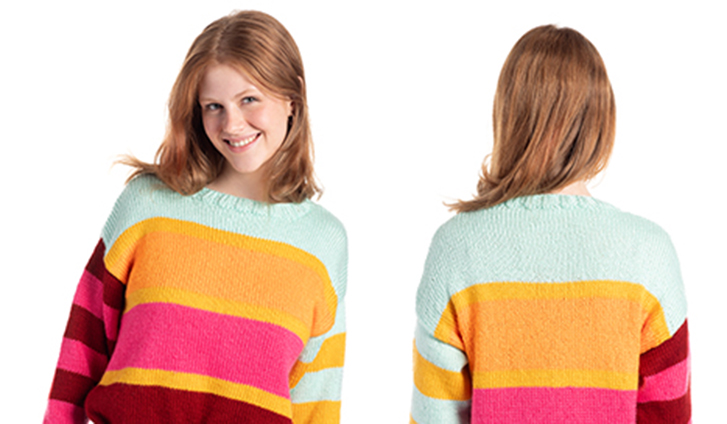 Front and back of stripy knitted sweater worn by a model