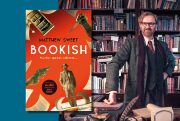 Cover of the novel adaptation of the tv series bookish, overlaying an image of the main character Mr Book in his bookshop.
