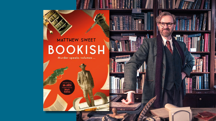 Cover of the novel adaptation of the tv series bookish, overlaying an image of the main character Mr Book in his bookshop.