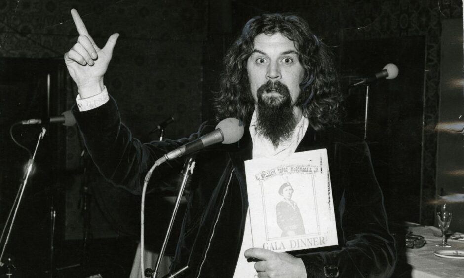 Billy Connolly during a rehearsal for the McGonagall supper which took place in 1980 at the Angus Hotel in Dundee.