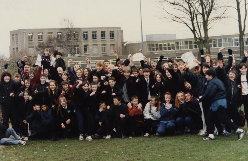 Pupils protesting at Linlathen High School in January 1996 after the closure announcement. Image: DC Thomson.
