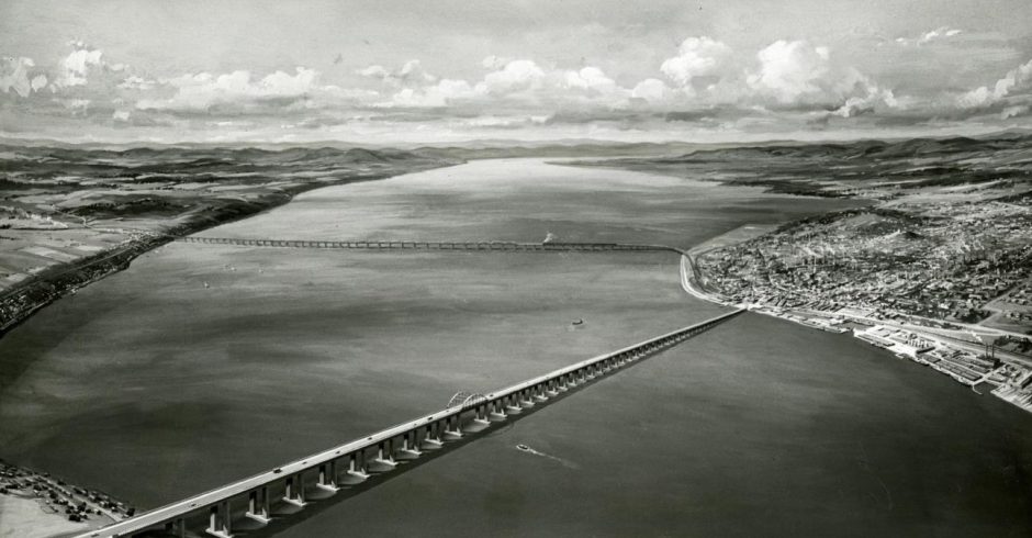 An aerial depiction of a proposed design for the Tay Road Bridge during the planning stages in 1957. 
