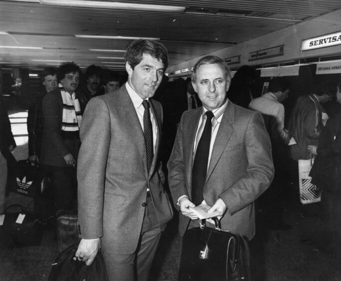 Walter Smith and Jim McLean, pictured at the airport, certainly endured more difficult European nights than Hamrun. Image: DC Thomson.