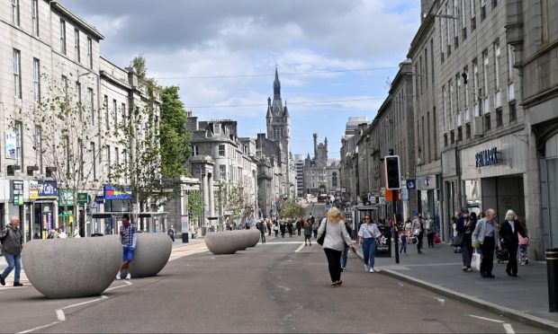 Union Street in Aberdeen, pedestrianised temporarily under the Spaces For People work.