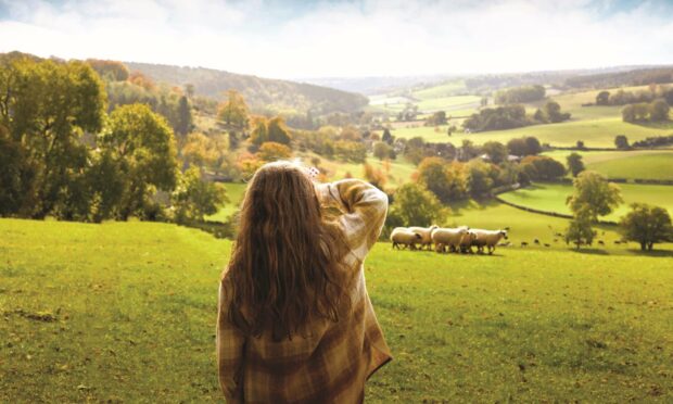 A girl stand in a field looking towards the horizon