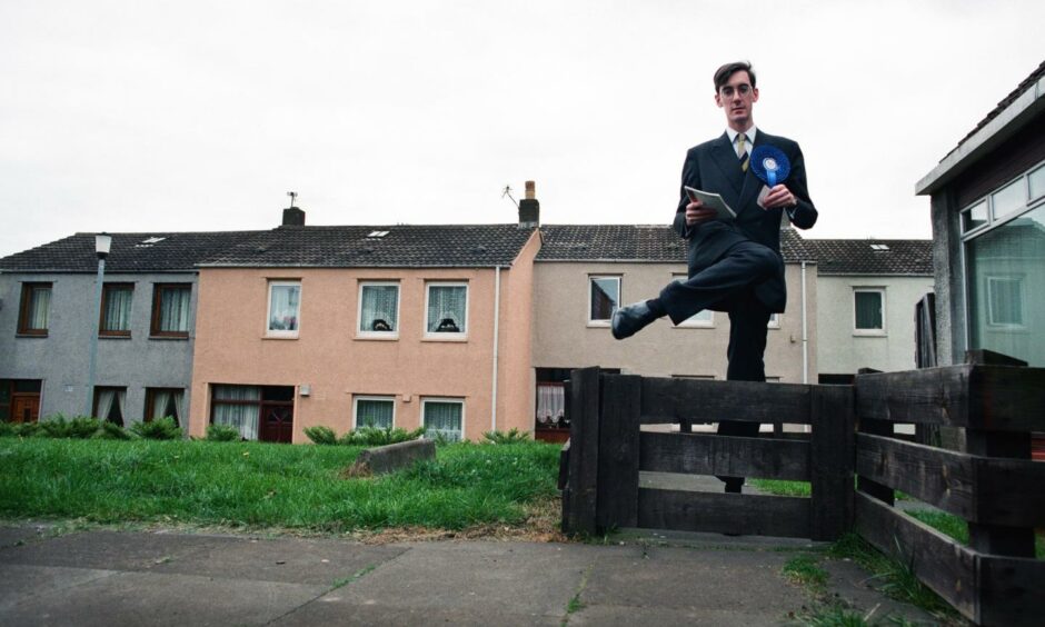 Conservative candidate Jacob Rees-Mogg canvasses support on a housing estate in Leven in 1997.