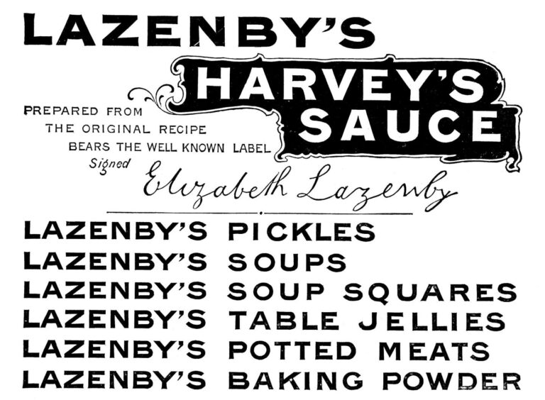 An advertisement For Lazenby's Sauce, Pickles, Soup, Table Jellies, Potted Meats And Baking Soda, circa 1896. Granger/Shutterstock.