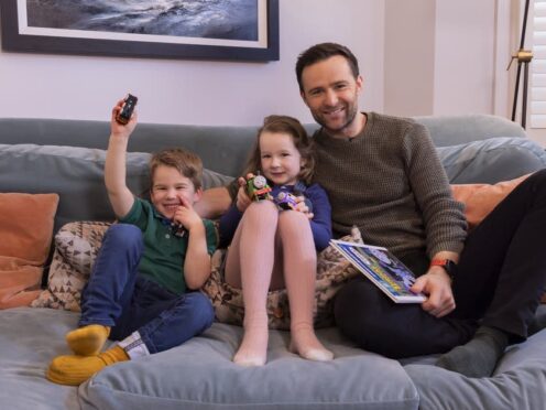 Harry Judd with his two children, Lola and Kit, at their home (Mattel/PA)
