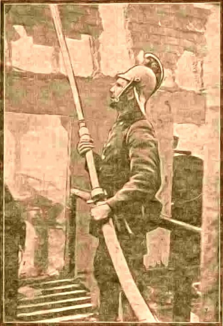 A firefighter is pictured at the height of the blaze in this sketch from the Aberdeen Journal.