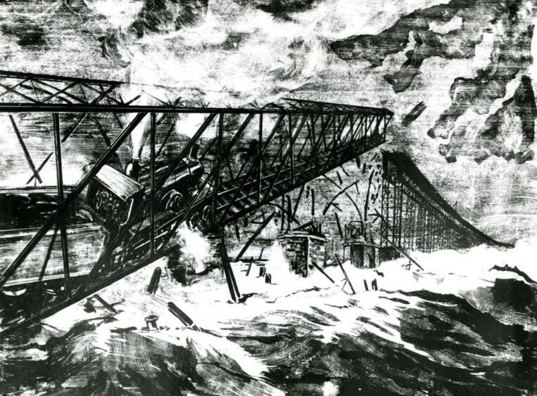 A drawing depicting the bridge's collapse.