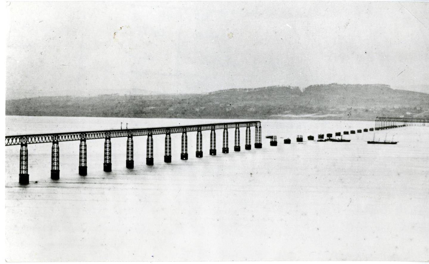 The Tay Rail bridge as it stood after the disaster, with a section of the bridge completely missing.