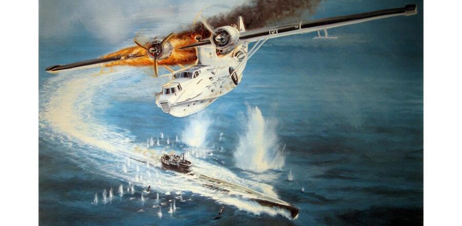 A depiction of Flt Lt David Hornell's plane sinking a German U boat in the North Atlantic. Hornell was awarded a VC for his bravery, and ultimately lost his life after being shot down and bravely trying to keep his men afloat. ‘VC Attack’ by artist Graham Wragg. Canadian Department of National Defence.