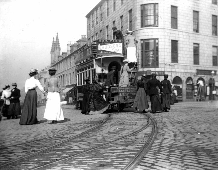 Quite a rush and flutter in the Castlegate of Aberdeen to board the horse-tram for Bay View from King Street.