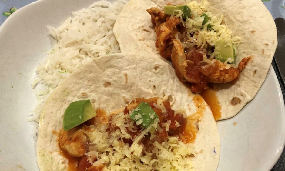 Jennifer's tomato and pepper chicken, served in mini wraps, with cheese, avocado and rice