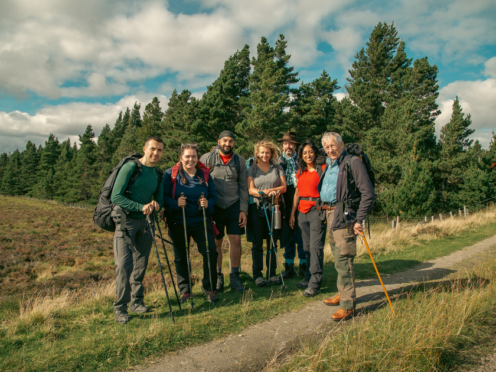 Will Bayley, Scarlett Moffatt, Monty Panesar, Louisa Clein, Laurence Llewelyn-Bowen, Shazia Mirza and Nick Hewer, who are all undertaking a 15-day pilgrimage through the UK (BBC/PA)