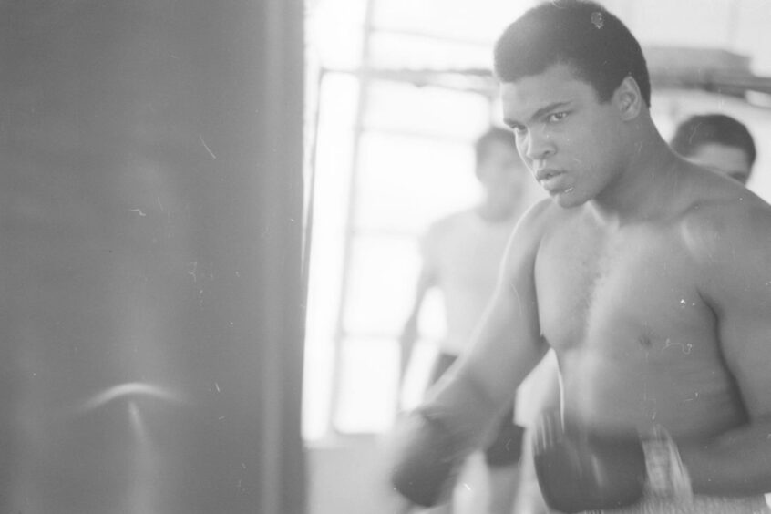 Muhammad Ali training with a punching bag at Chris Dundee's 5th street gym during his training for the fight against Joe Frazier in Miami Beach, FL in February of 1971.