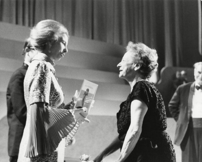 Princess Anne with Grace Wyndham Goldie at the Baftas in 1973. Photo by BAFTA/Shutterstock.