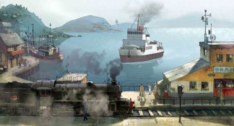 An image from The Illusionist showing Oban harbour and train station.