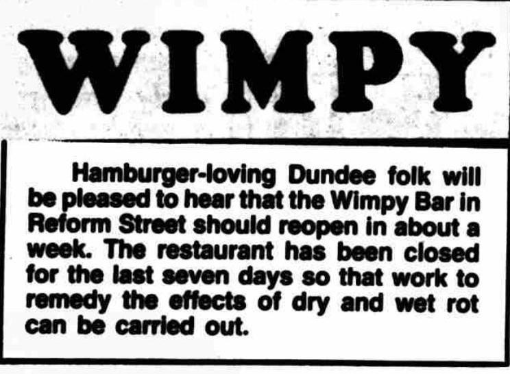 A newspaper ad stating that Wimpy in Dundee would reopen soon