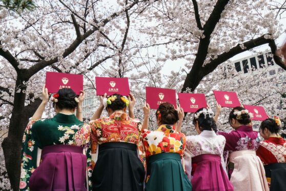 University graduates wearing hakama kimono under Tokyo's famous cherry blossoms during their graduation ceremony. Masatoshi Okauchi/ Shutterstock.