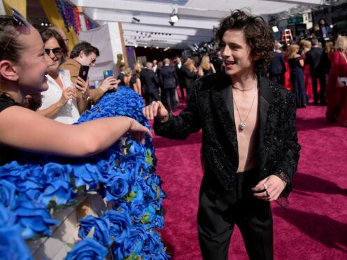 Timothee Chalamet greets fans as he arrives at the Oscars on Sunday, March 27, 2022, at the Dolby Theatre in Los Angeles (John Locher/AP)