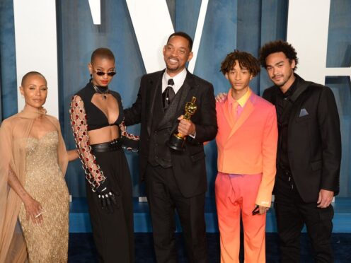 Will Smith with his sons Trey Smith and Jaden Smith, daughter Willow Smith and wife Jada Pinkett Smith attending the Vanity Fair Oscar Party (Doug Peters/PA)