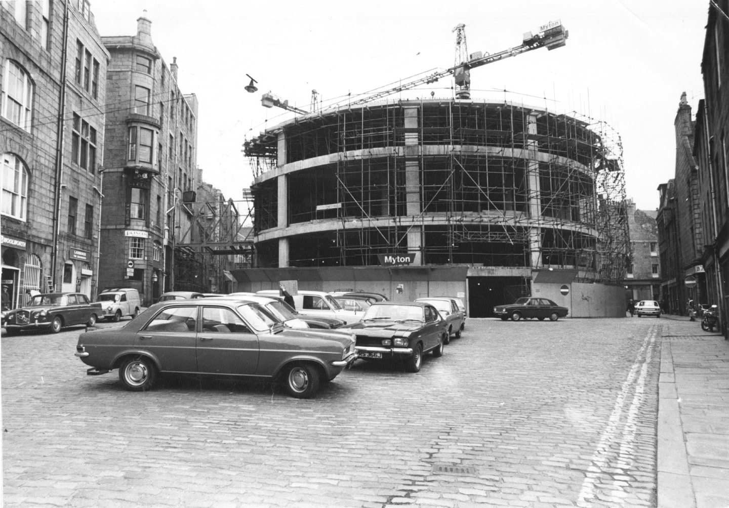 View from the Green of the New Market building, showing the circular shape of the building at that end in March 1973.