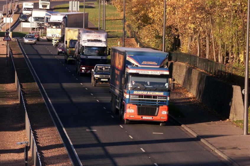 Some of the lorries on the Forfar Road during the protest in September 2000.