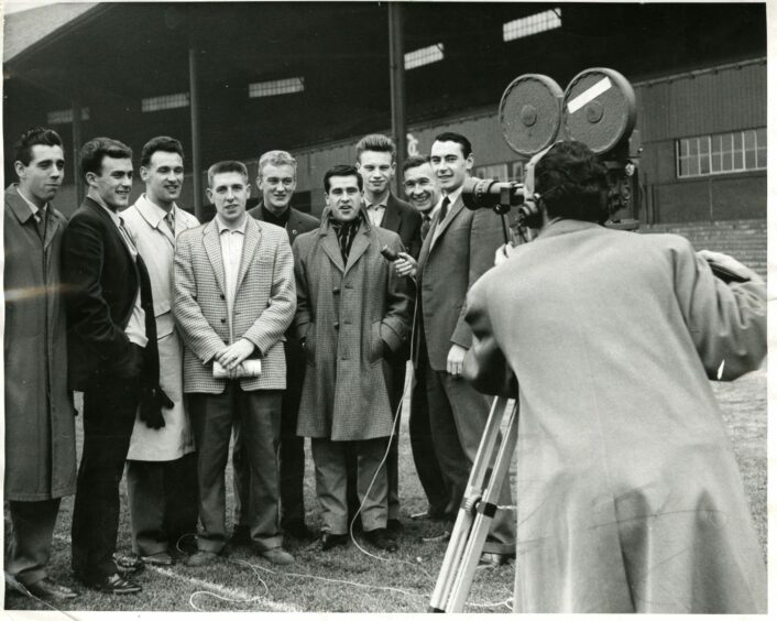 Seith and his Dundee team-mates during a jovial moment at Dens Park with a film crew in 1961.