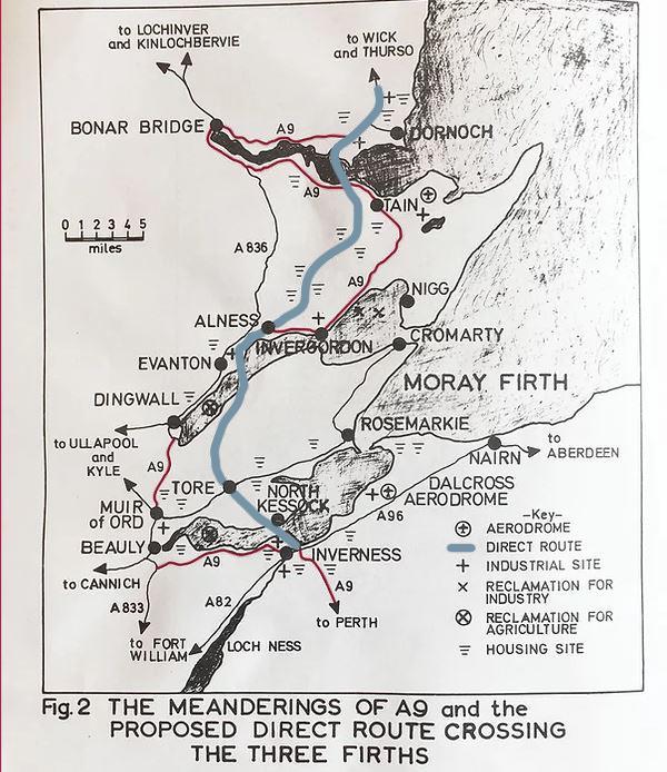 The old A9 route and new direct route crossing the three firths, Kessock, Cromarty and Dornoch, from the pamphlet by Reay Clarke, Pat Hunter Gordon and John S Smith. Supplied by Frances Ross.