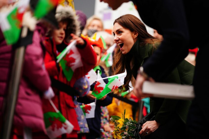 The Duchess of Cambridge at Abergavenny Market to see first hand how important local suppliers are to rural communities and to mark St David's Day during a visit Abergavenny and Blaenavon in Wales. Picture by PA.