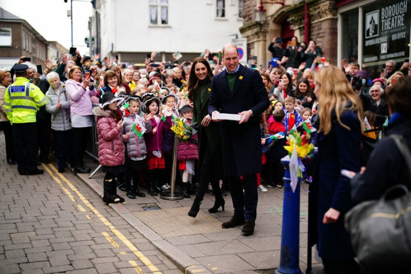 The Duke and Duchess of Cambridge at Abergavenny Market to see first hand how important local suppliers are to rural communities and to mark St David's Day during a visit Abergavenny and Blaenavon in Wales. Picture by PA.