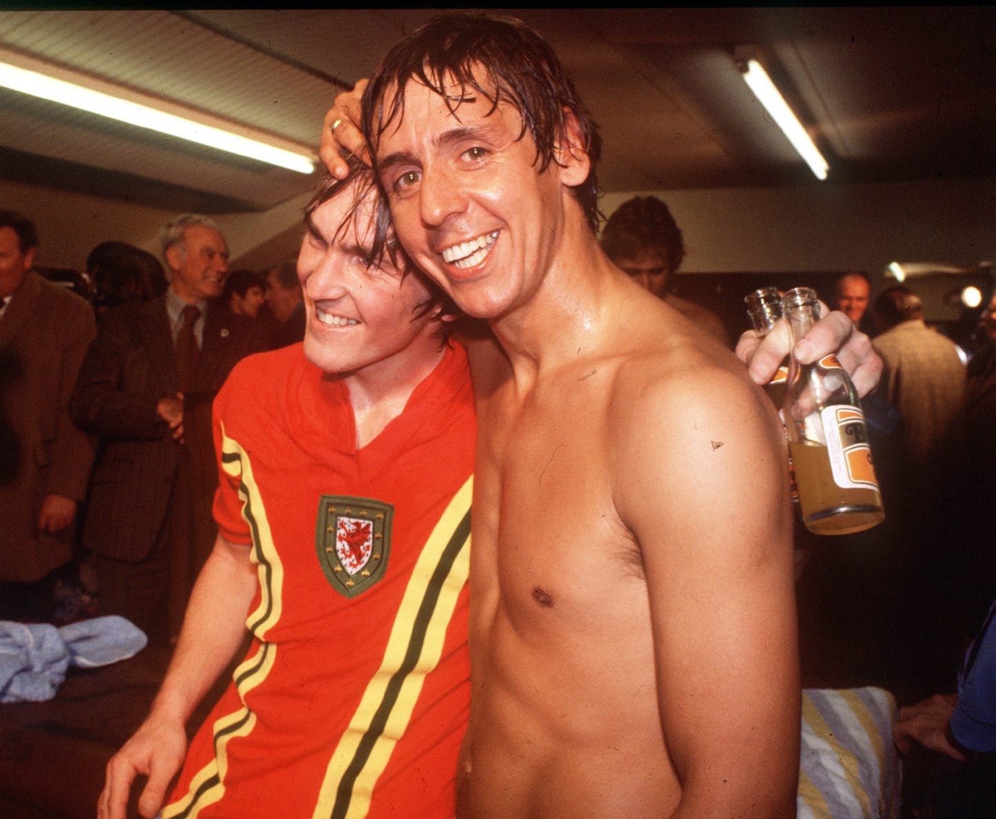 Kenny Dalglish and Don Masson celebrate Scotland's 2-0 win over Wales at Anfield in 1977.