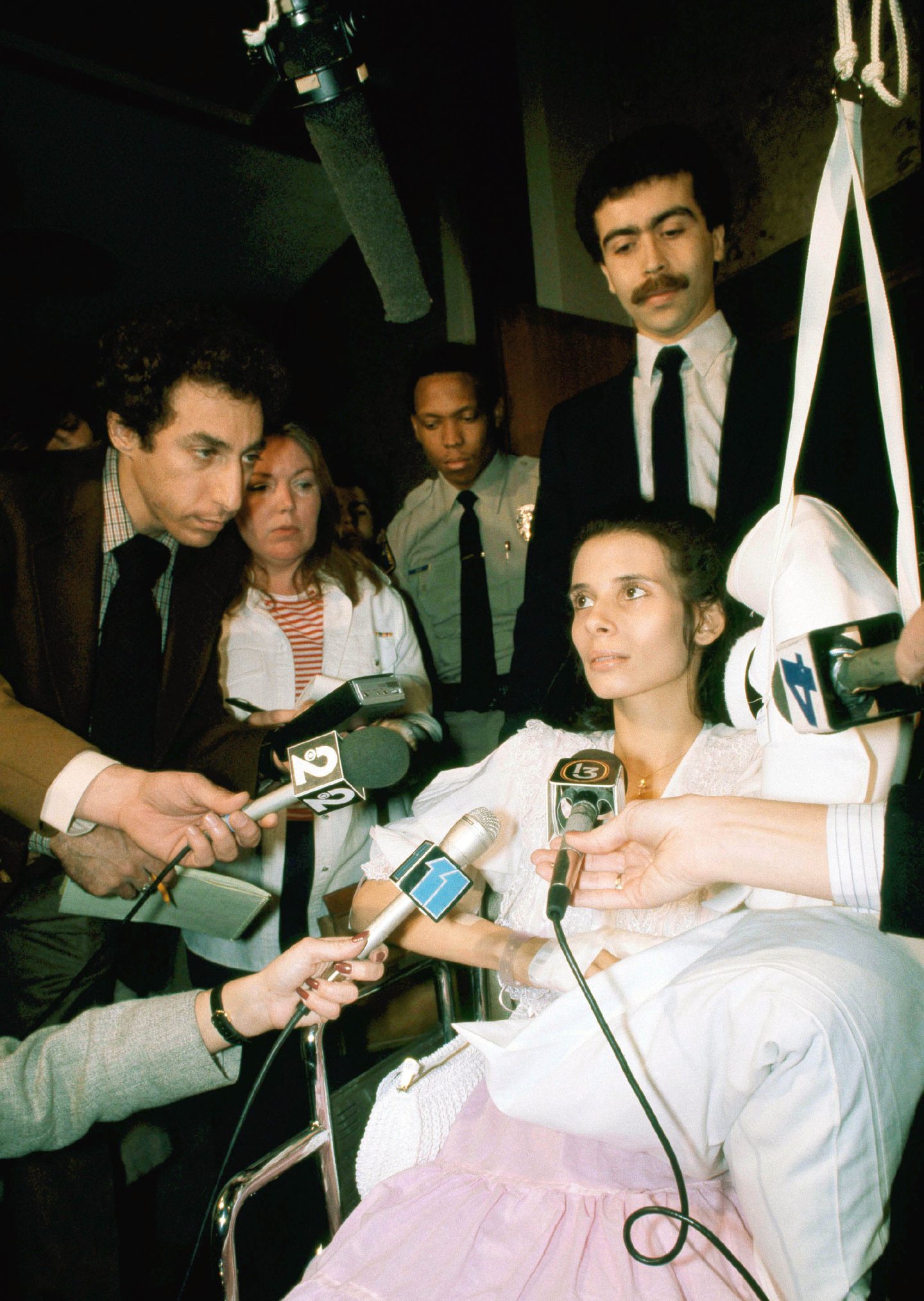 Theresa Saldana speaks to reporters after being stabbed multiple times by Jackson in 1982.