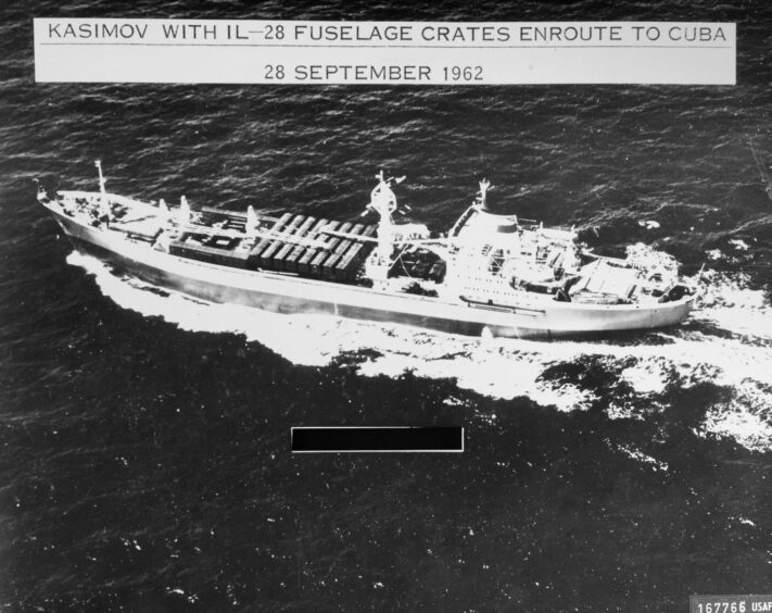 A U.S. Air Force reconnaissance photograph of the Soviet ship Kasimov transporting light bombers to Cuba on September 28 1962.