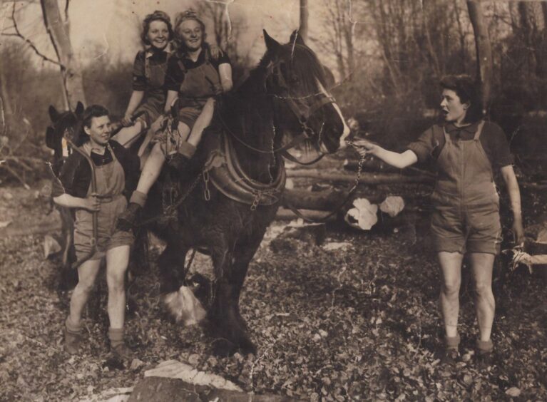 Four lumberjills carrying their tools, two on a horse.