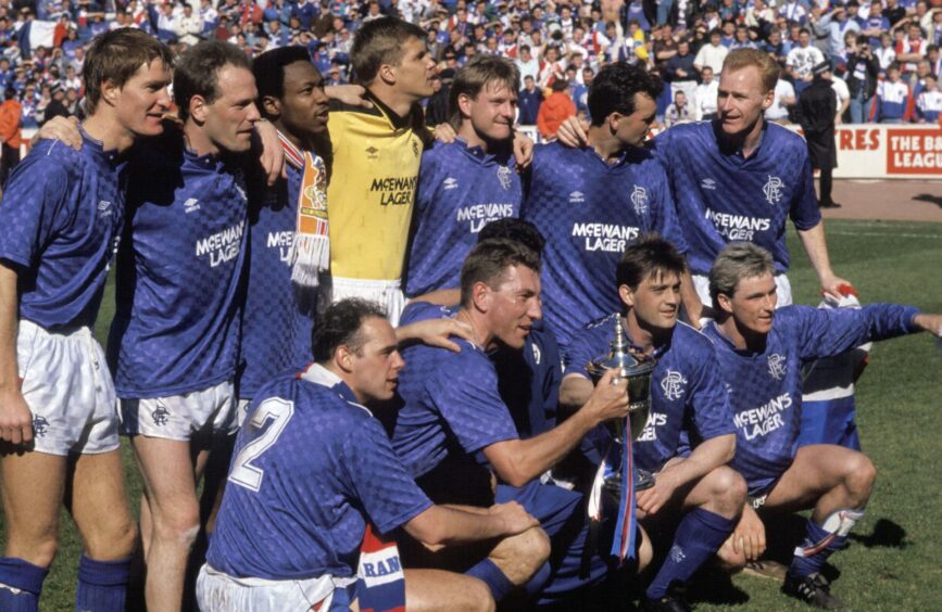 Andy Gray and his Rangers team-mates celebrating winning the Premier Division title in 1989. Picture: SNS.