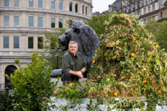 Ray Mears stands in a 'wild' Trafalgar Square, as it is covered in plants and flowers to launch innocent Drinks' 'The Big Rewild' campaign, an initiative to rewild and protect two million hectares of land. The temporary installation, which is made up of over 6,000 plants, flowers, and trees, aims to raise awareness of the importance of biodiversity in urban spaces. As part of the campaign, innocent is partnering with the Orchard Project to give away three million seeds via plantable seed papers on the day and educate on the importance of nature in tackling climate change. Visitors to the site are also invited to pick up and rehome one of the plants. David Parry/PA Wire.