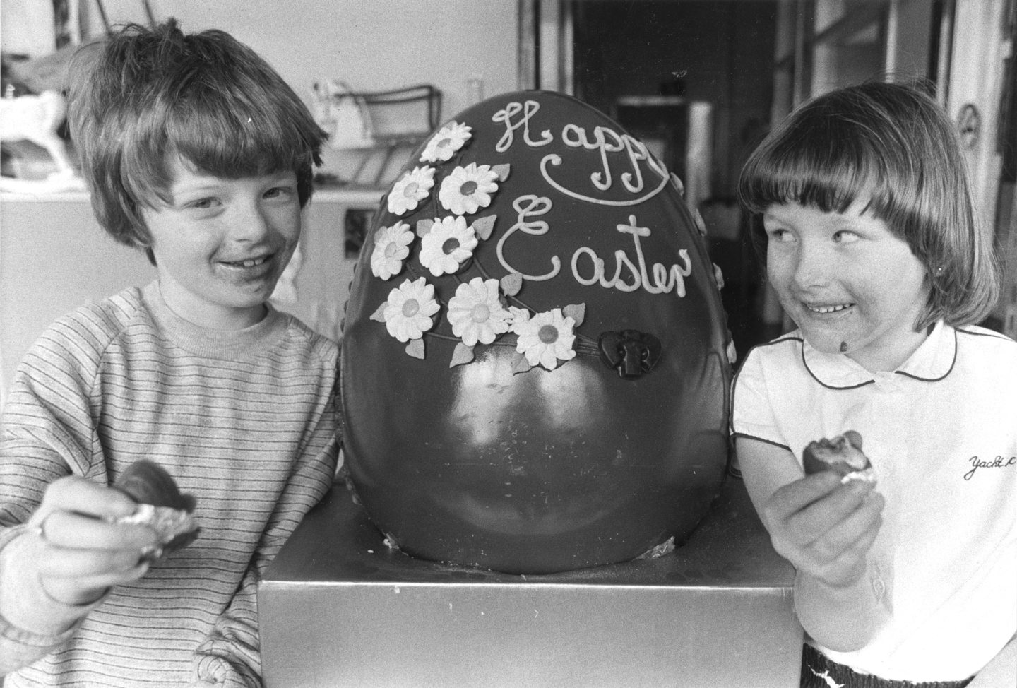 Paula Duguid from Elgin and Gillian Clark from Cove got a sugar high in this picture from 1983 while sizing up a giant Easter egg.
