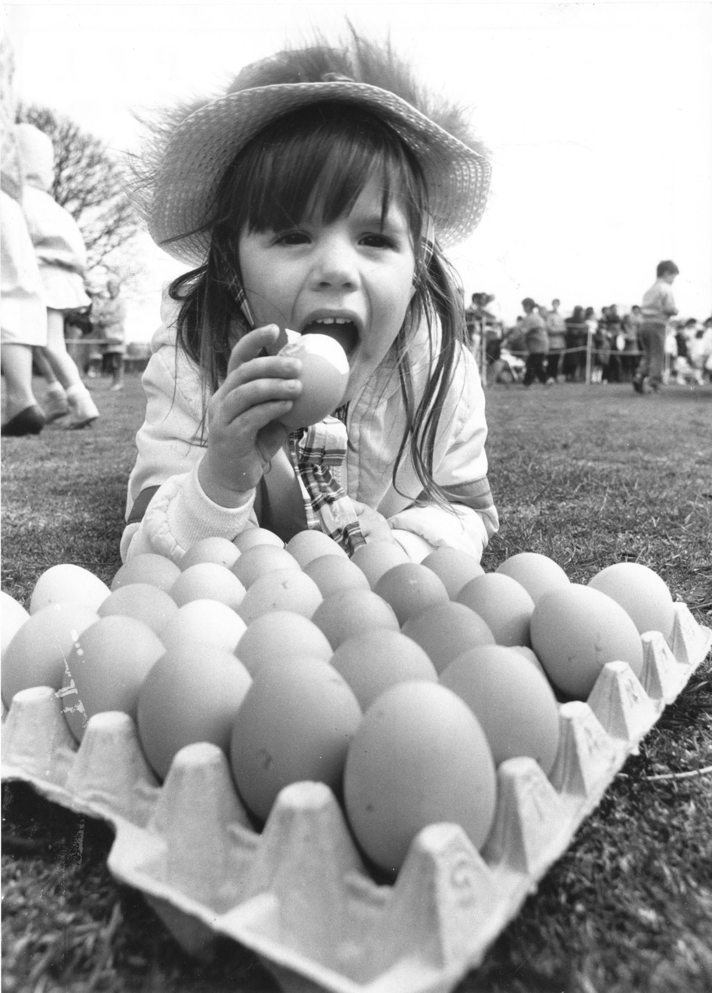 Three-year-old Melanie Gray from Bridge of Don must have missed breakfast! She was taking part in a special Easter holiday event for children at Duthie Park in 1987 where hundreds of children decorated eggs and rolled them down the slopes.