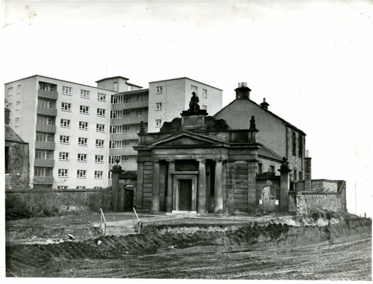 Philp Hall, Kirkcaldy, with the newly built Linktown area flats in the background on December 3 1957.