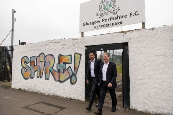 Labour leader Sir Keir Starmer, left, and Scottish Labour leader Anas Sarwar during a visit to Glasgow Perthshire Football Club, as part of a campaign visit in Glasgow. Speaking from the campaign visit in Glasgow, the Labour leader said his position on the Prime Minister's fitness for the job hadn't changed as the Met announced at least 30 more fines would be issued in the partygate saga. John Linton/PA Wire.