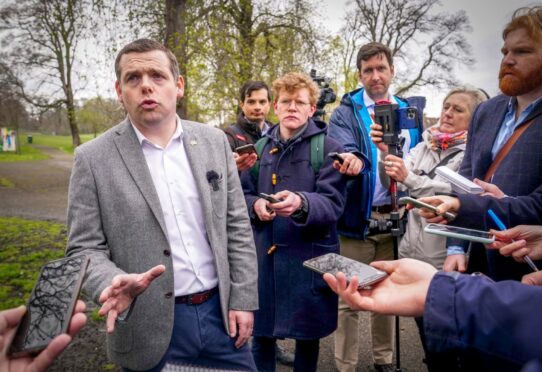 Scottish Conservative leader Douglas Ross speaks to the media in Davidson Mains, Edinburgh, on the campaign trail for Scottish Conservatives ahead of the local government elections. Jane Barlow/PA Wire.