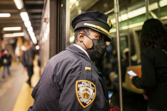NYPD officers patrol platforms and train cars at the 36th Street subway station where a shooting attack occurred the previous day during the morning commute in New York. Mayor Eric Adams said on Wednesday that officials were now seeking 62-year-old Frank R. James as a suspect. AP Photo/John Minchillo.