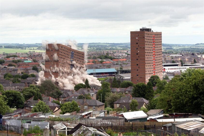 Derby Street Multis are demolished in a controlled explosion. Image: DC Thomson.