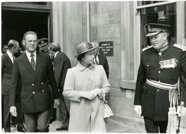 Her Majesty at the Royal &amp; Ancient Golf Club of St Andrews, with Sir John Gilmour in 1982