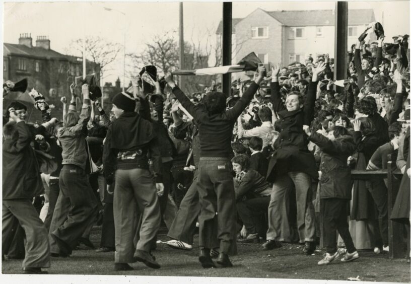 Jubilations among the home fans at Gayfield in 1977.