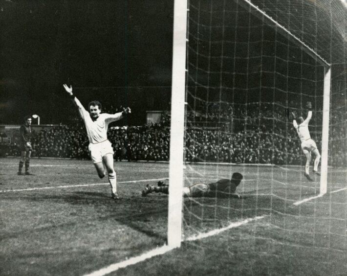 Dundee United players celebrate a goal against Barcelona at Tannadice in November 1966.