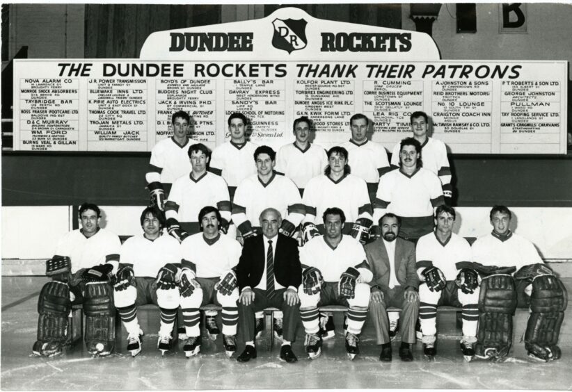 Mark Pavelich pictured alongside his new team-mates after signing for Dundee Rockets in September 1986.