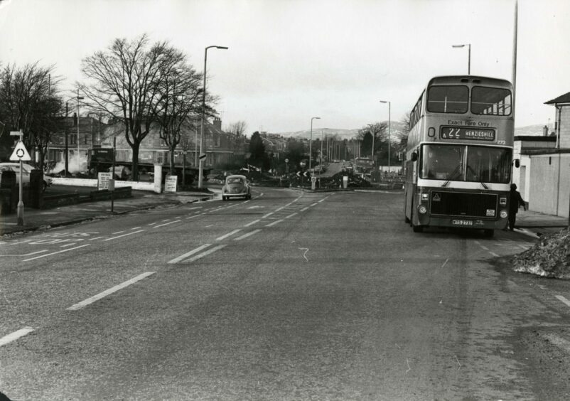 The Kingsway roundabout at Strathmartine Road in 1980, which was the scene of the city's first circle.